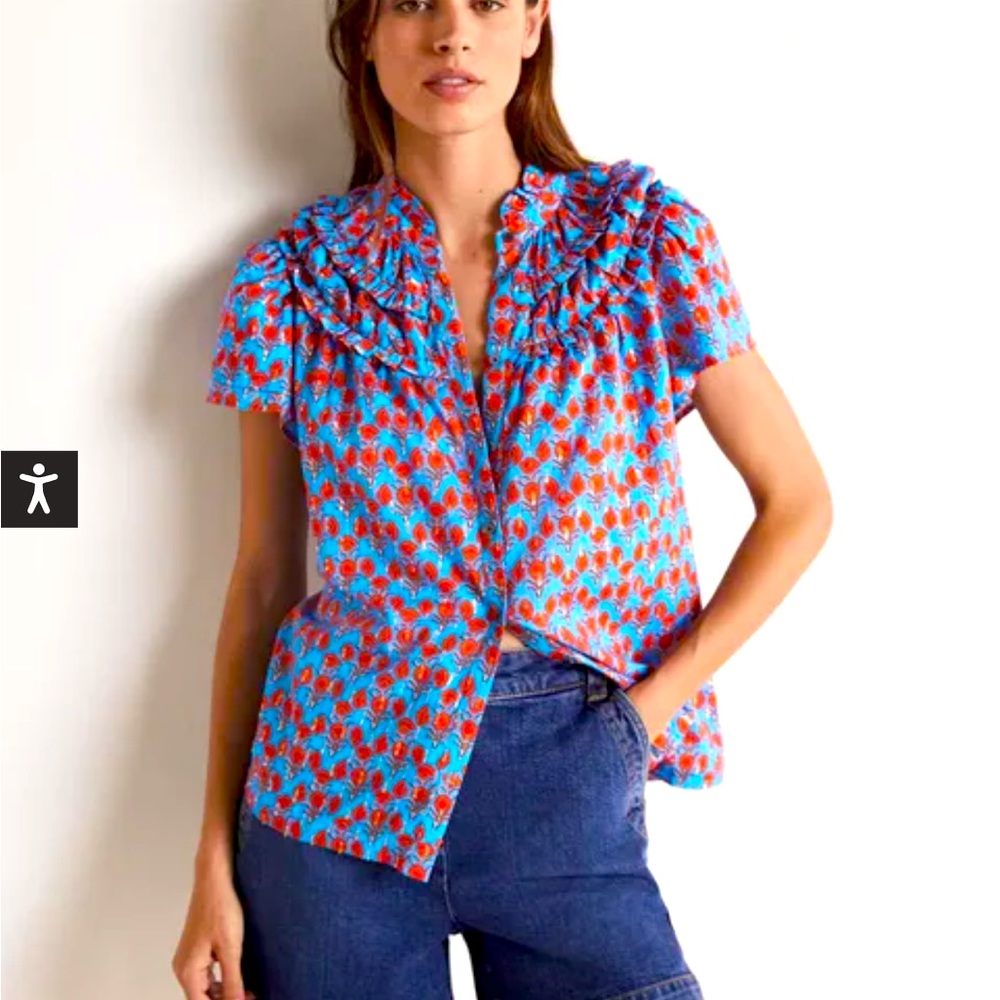 Boden blue poppies short sleeve cotton blouse.  Size 12 us.  New with tags.